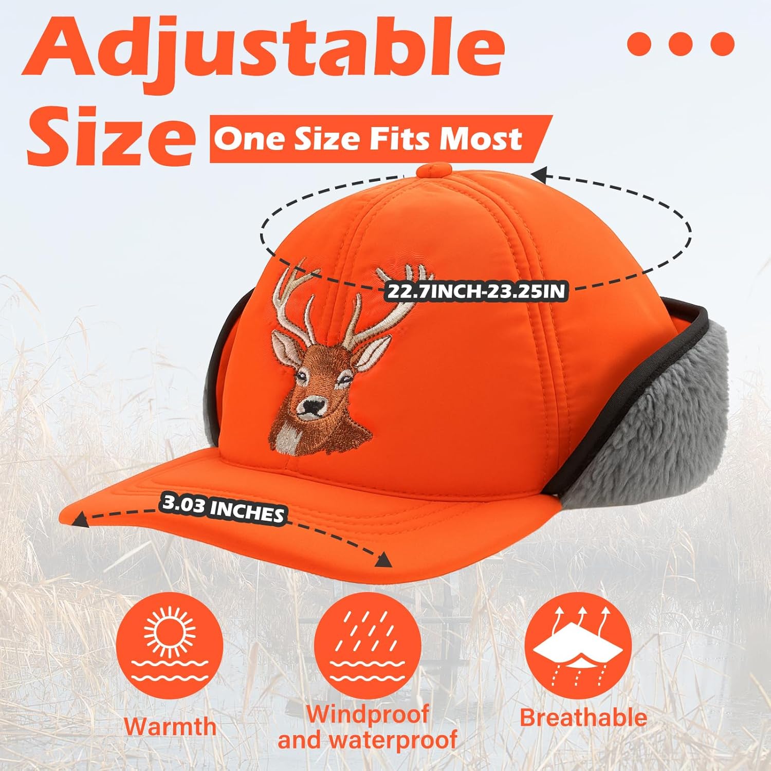 Deer Winter Hunting Hat Camo Orange Warm Hat with Sherpa Lined Ear Flap Waterproof Windproof for Men Cold Weather - Image 2