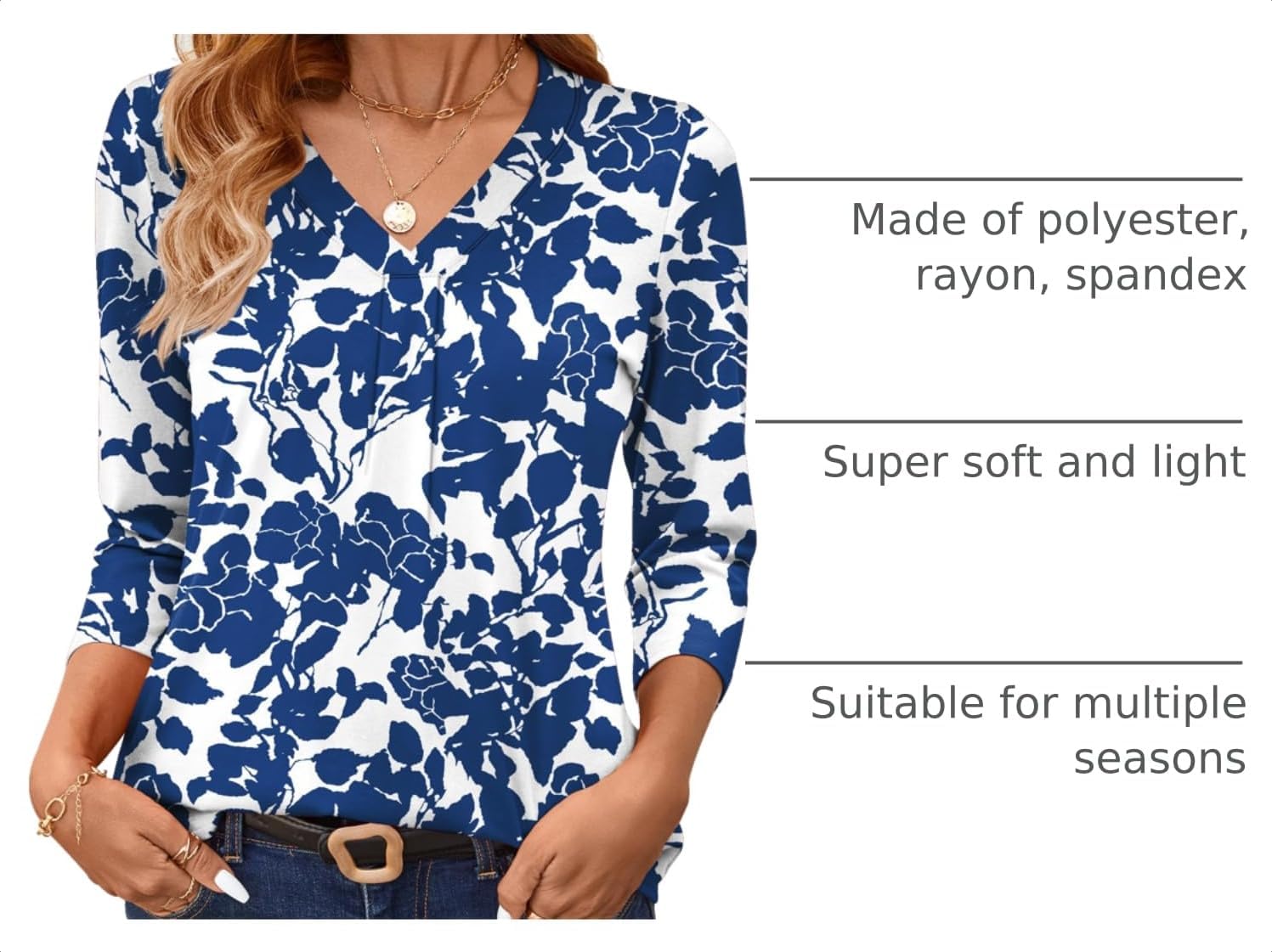 AKEWEI Women's 3/4 Length Sleeve Boho Tops V Neck Casual Vacation Clothes Loose Fit Tunic Shirts S-2XL image 4