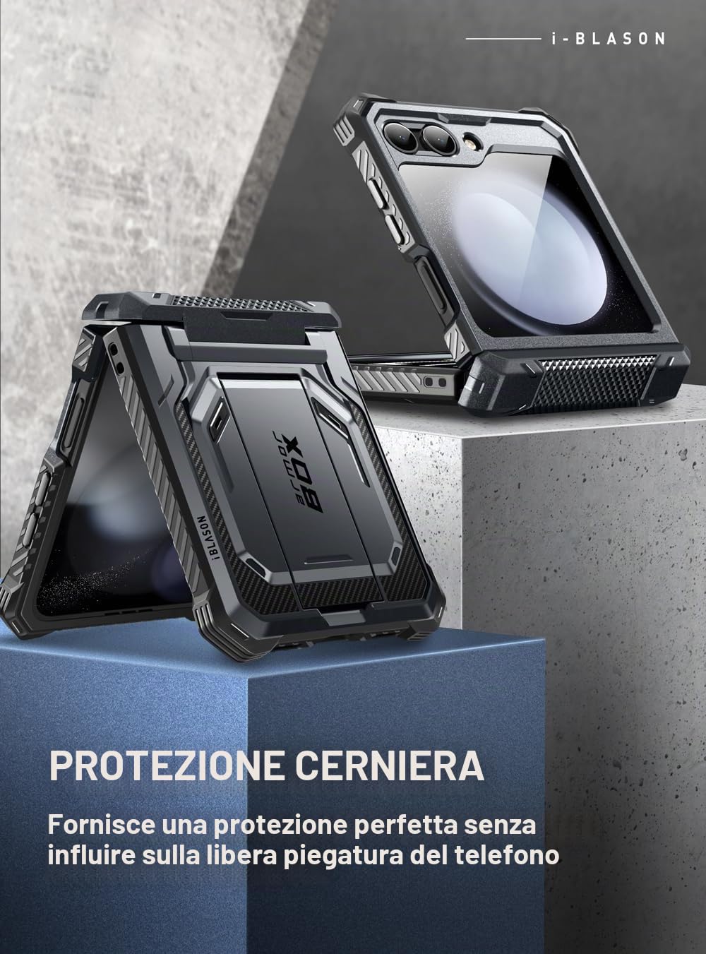 i-Blason Custodia per Samsung Galaxy Z Flip 5 con supporto, protezione per lo schermo integrata, protezione per cerniere, protezione completa con clip per cintura, custodia magnetica per Galaxy Z Flip