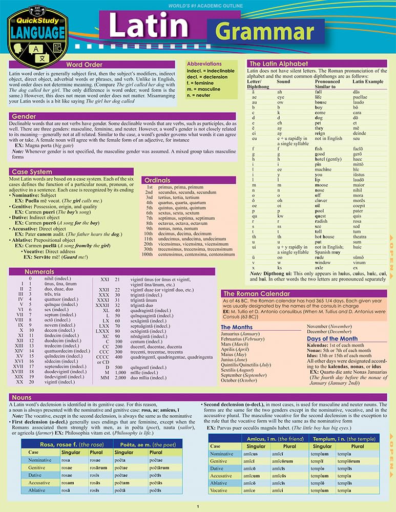 Latin Grammar: a QuickStudy Laminated Reference Guide (Quickstudy Language) (English and Latin Edition)