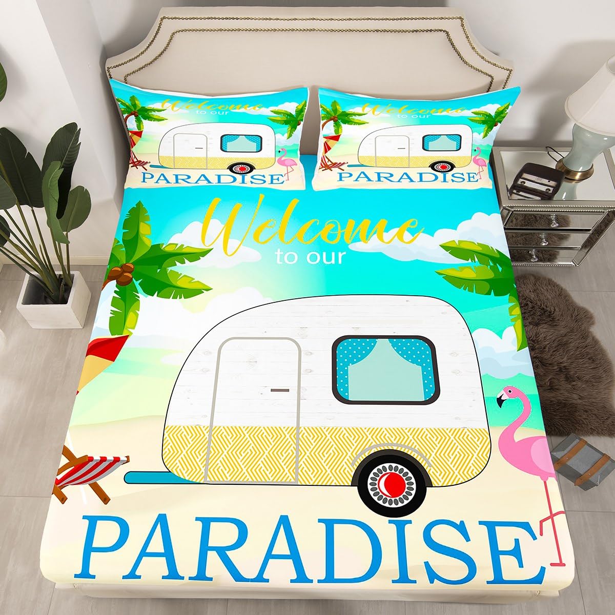 Juego de sábanas bajeras de playa de verano, tamaño King, juego de ropa de cama de 3 piezas para niños y niñas, decoración de habitación de niños y niñas, funda de cama de flamenco tropical con 2