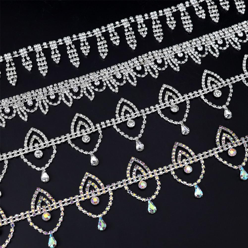 Various Kinds of Rhinestone Tassel Chain Trim, Crystal Close Chain Applique for Sewing Crafts Wedding Bridal Party DIY Decoration 1 Yard