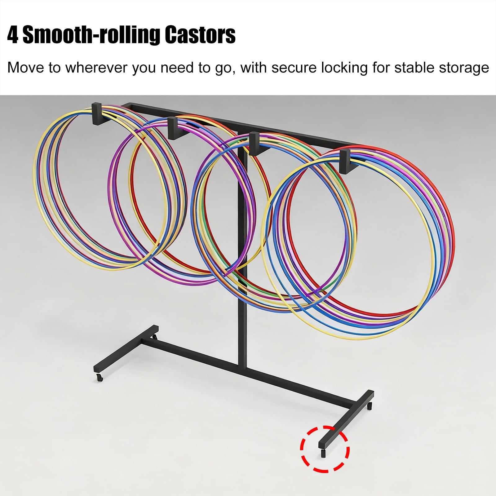 Supporto per Hula Hoop Carrello portaoggetti a 4 ruote per hula hoop, scaffale metallico capiente per corde per saltare, espositore per attrezzature fitness