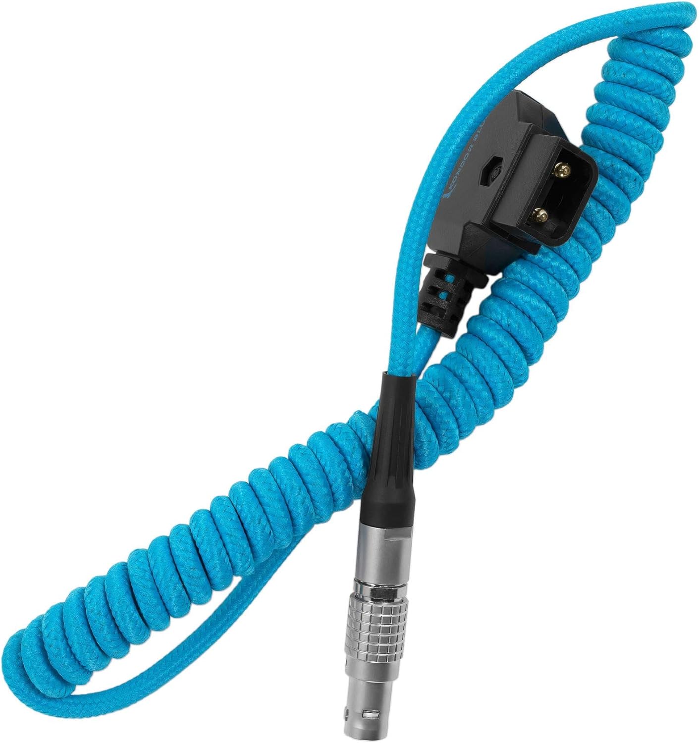 KONDOR BLUE | Coiled D-Tap to 2-Pin LEMO 0B Male Power Cable | 16-36 Inch, Nylon Braided, Right-Angle D-Tap, for Blackmagic Pyxis 6K, SmallHD, Teradek, Z CAM | Blue