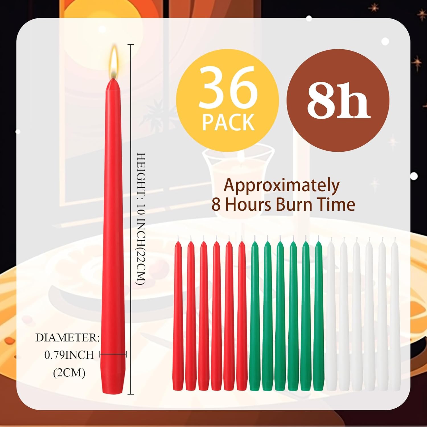 MTLEE 36 Pcs Taper Candles 10 Inch Long Tapered Candles Bulk 12 Red, 12 Green, 12 White Assorted Colors Candlesticks Smokeless Unscented Long Burning Candle Paraffin Wax for Party Supplies Restaurant