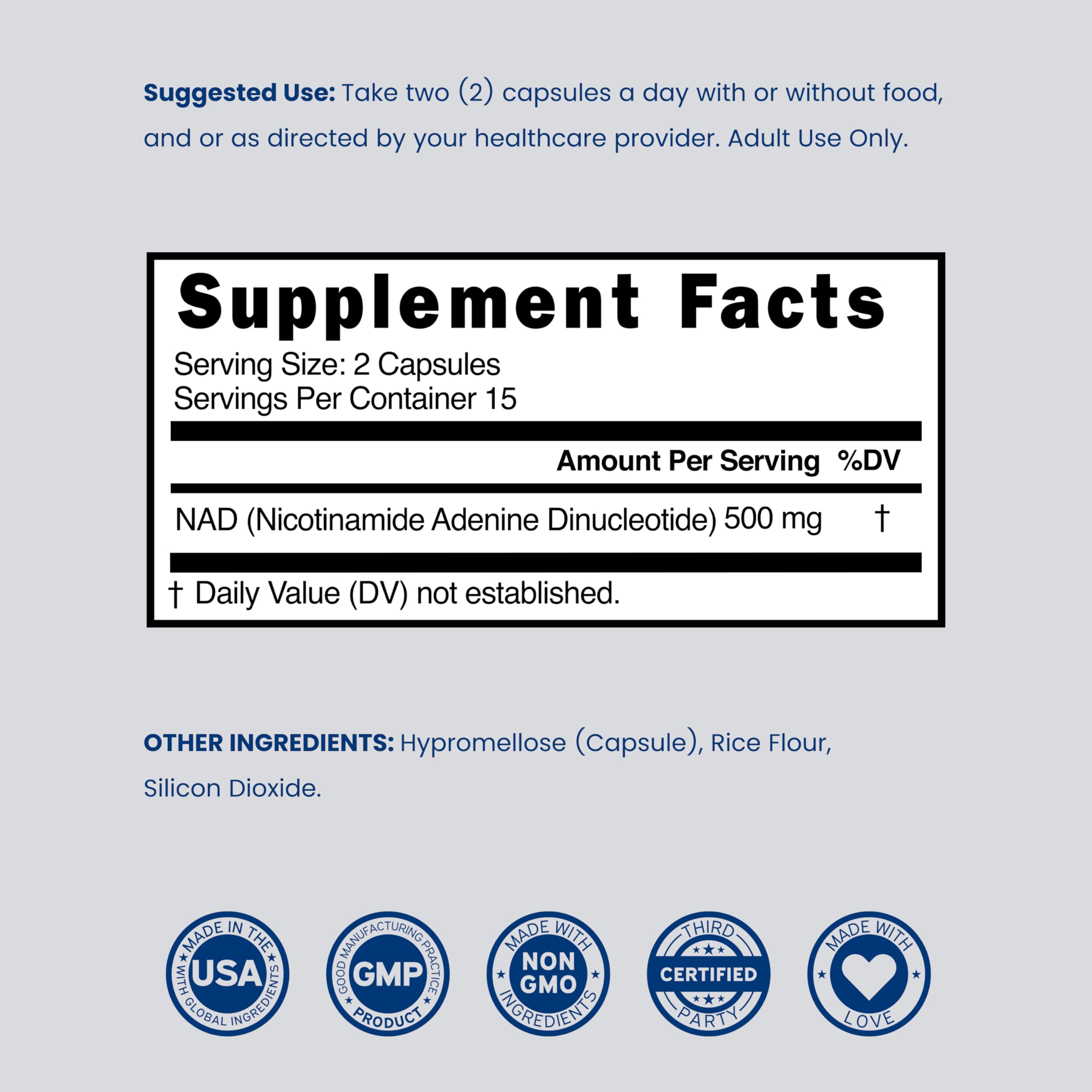 NAD Supplement (500mg of 95% Pure NAD+ Per Serving) NMN Supplement, NAD Nicotinamide Riboside Support (Third Party Tested, Vegan Safe, Non-GMO, No Fillers, & Made in the USA - 30 Vegan Capsules) — Amazon image 6