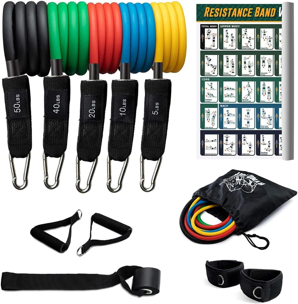 12 Pc Resistance Bands Set - 5 Workout Bands, Cushioned Ankle Straps, Padded Handles, Door Anchor & Waterproof Gym Bag - Home Exercise, Strength Training, Physical Therapy, Yoga Fitness Gear
