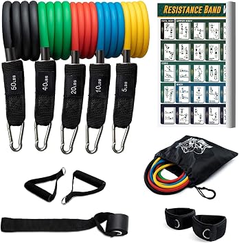 Ryno Tuff Resistance Bands Set - Exercise Bands With Handles 12 Piece Set Includes Bonus Resistance Band Workout Poster - 5 Workout Bands Combine Up To 125lbs Strength Training, Physical Therapy, Yoga