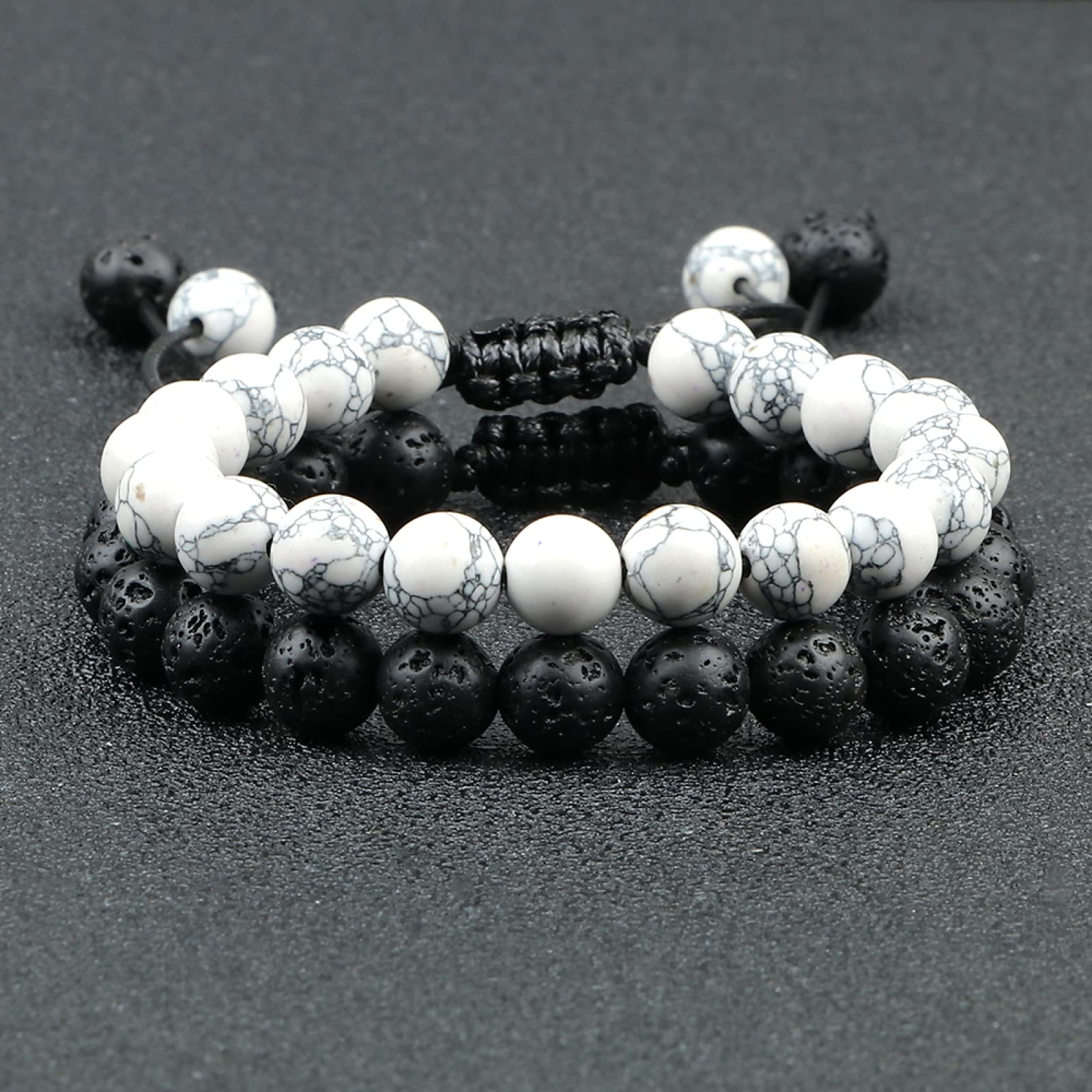 MOCHAMIK Distanzperlen Armband Natur Schwarz Weiß Lavastein Armreif Damen Herren Geschenk