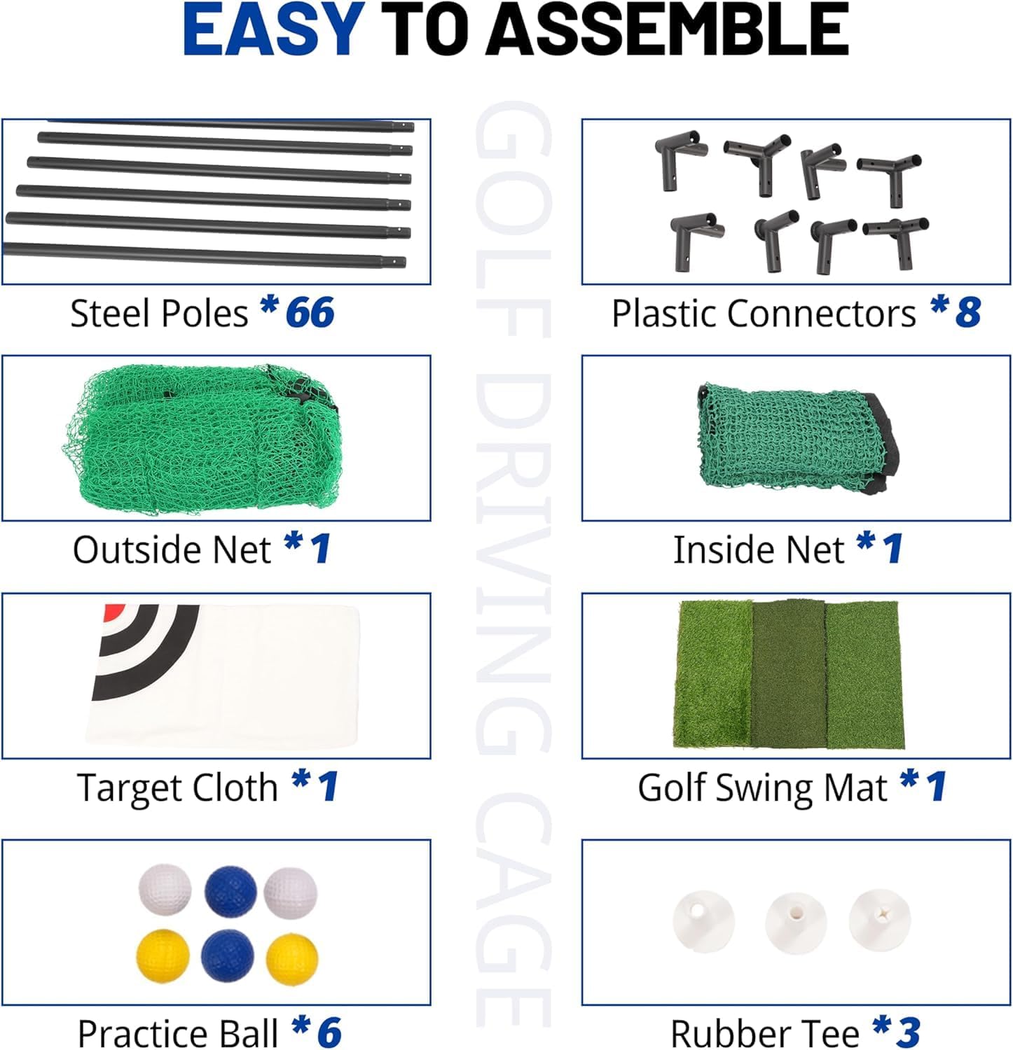 ECOTRIC 10FT Golf Driving Cage with Steel Frame Golf Net, Target Cloth, Ball Steel with Soft Foam Pole Covers for Outdoor & Indoor Practice
