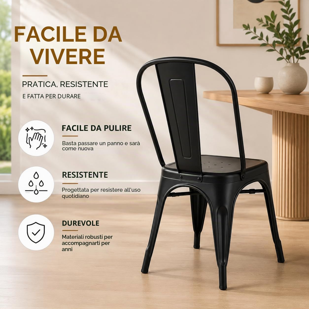 Kosmi Set 4 Sedie Industriali in Metallo Nero Opaco – Sedie Impilabili per Sala da Pranzo, Cucina, Soggiorno, Ufficio e Ristorante – Struttura in Acciaio Robusta – Portata 120 kg