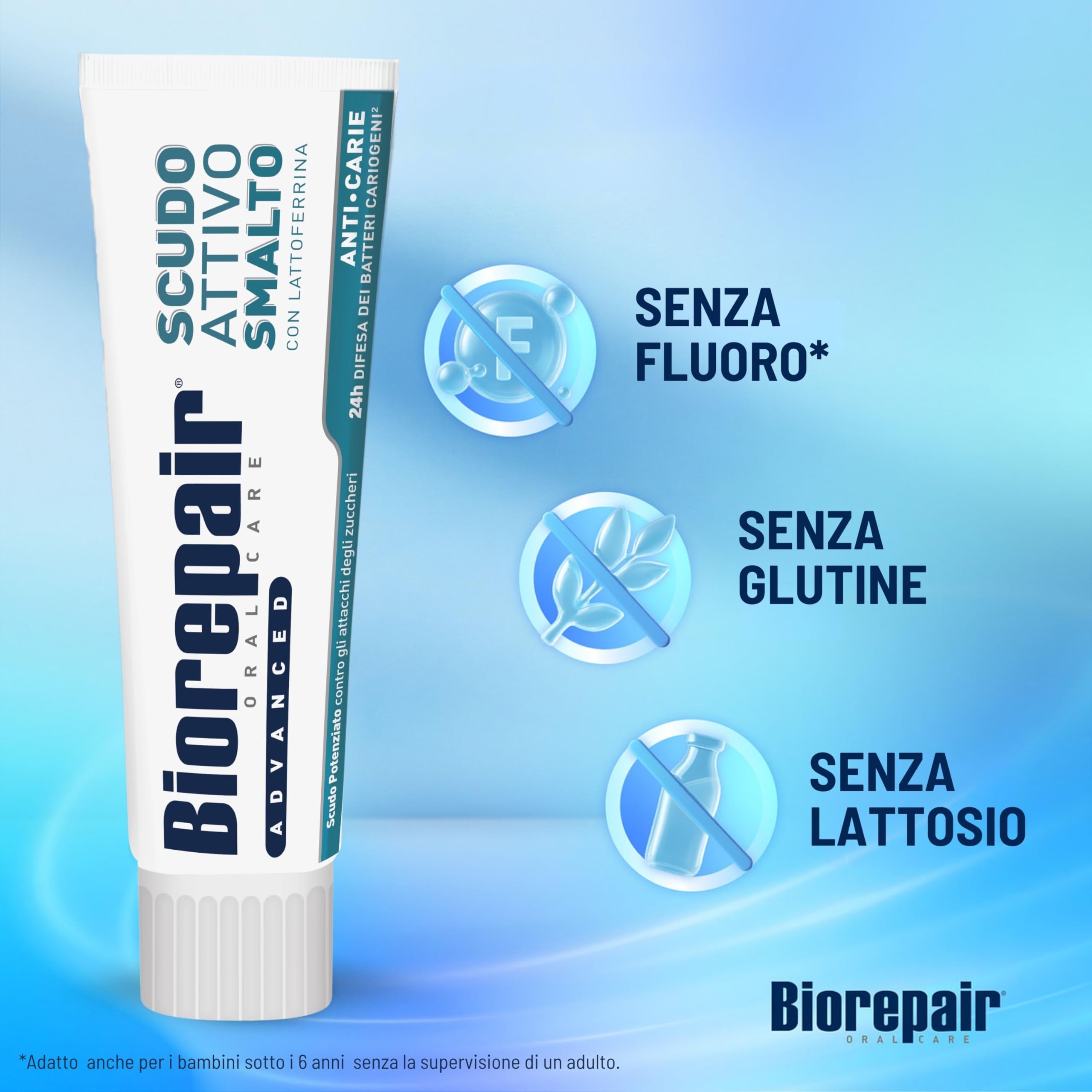Biorepair, Dentifricio Advanced Scudo Attivo Smalto, Anti-Carie, Con MicroRepair, Lattoferrina e Zinco PCA, Senza Fluoro, 12x75ml
