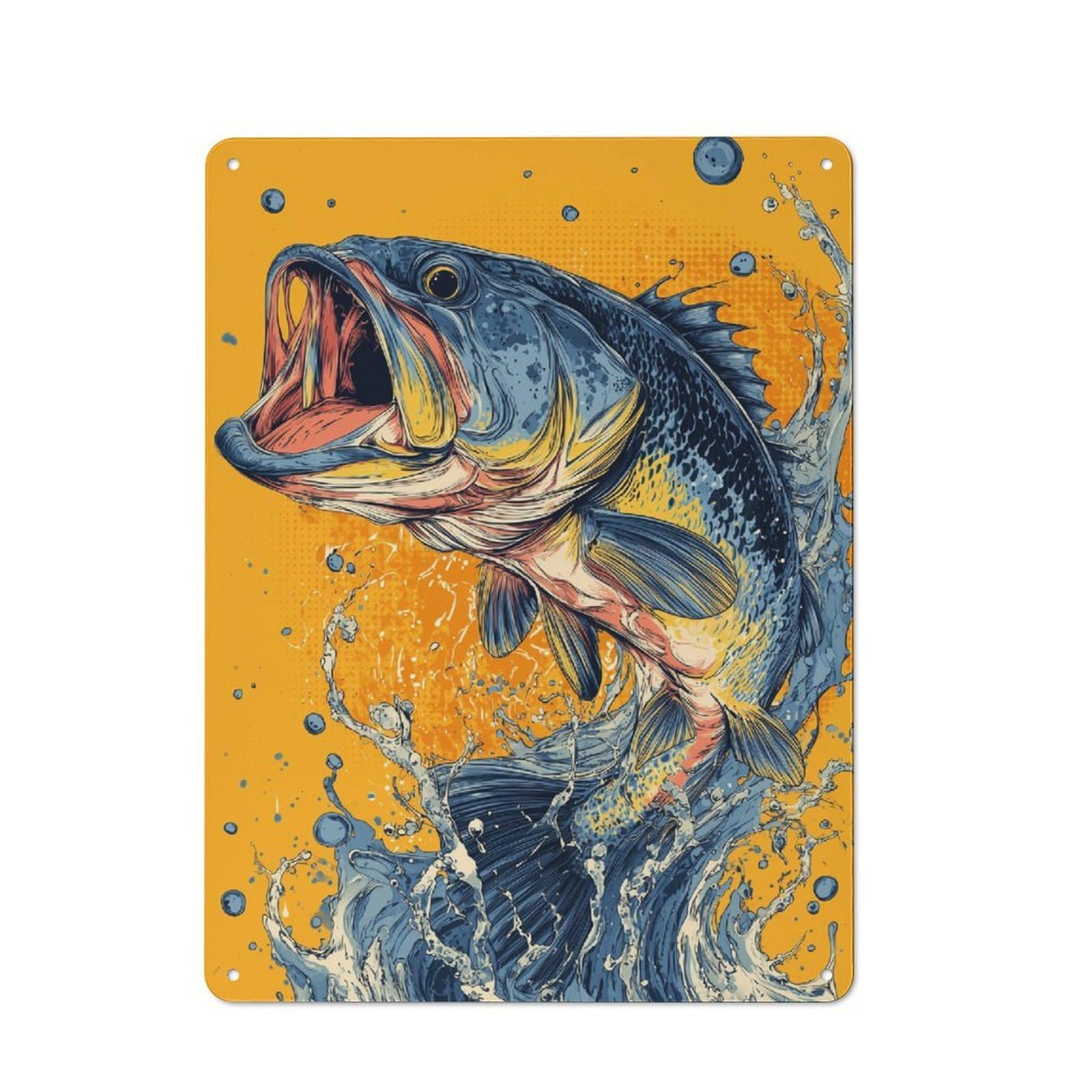 Junmoney Vibrant Bass Splash Retro Metal Sign With Design 40X30cm, Weathered Look Shed Wall Plaque For Garage, Workshop, Shed Or Utility Room