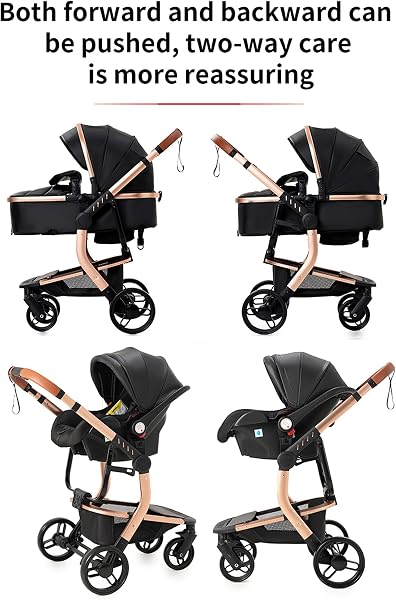 Magic ZC PU Leather 3 in 1 Pushchair Pram Travel System, Baby Stroller 3 in 1 with Reversible Two Pushing Modes, Newborn Infant Carriage One-Click Folding, Toddler Buggy Aluminum Frame (Black 518) - 4