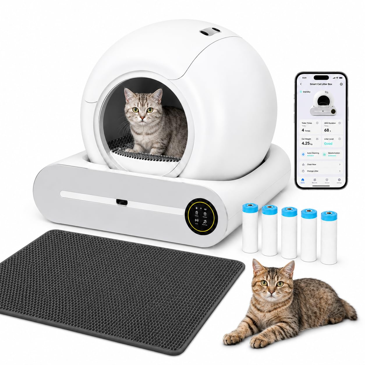 Lettiera Gatto Autopulente XXL 65L con Cassetto Rifiuti 9L per Gatti 1-8 kg | Lettiera Automatica per Più Gatti: Controllo App, Sensori Multipli, Antiodore Ionico, Salute, Rumore <35dB