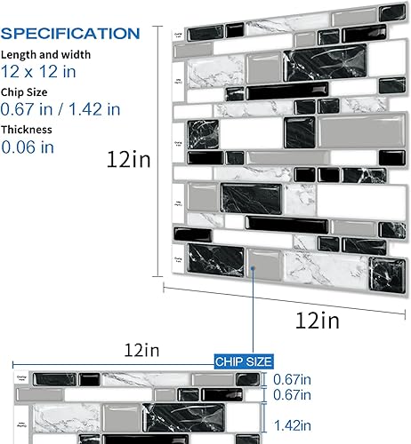 Miniatura 5 de 10 hojas de azulejos autoadhesivos para salpicaduras de 12 x 12 pulgadas para cocina, baño, mármol blanco y negro