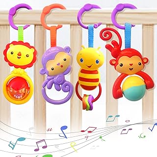 Baby Toys for 0 3 6 9 12 Months, Cartoon Animal Hanging Rattle Toys, Handbells Baby Rattles, Baby Bed Crib Car Seat Travel Stroller Toys for Infant, Best Birthday Gift for Newborn 0-18 Month, 4 Pack