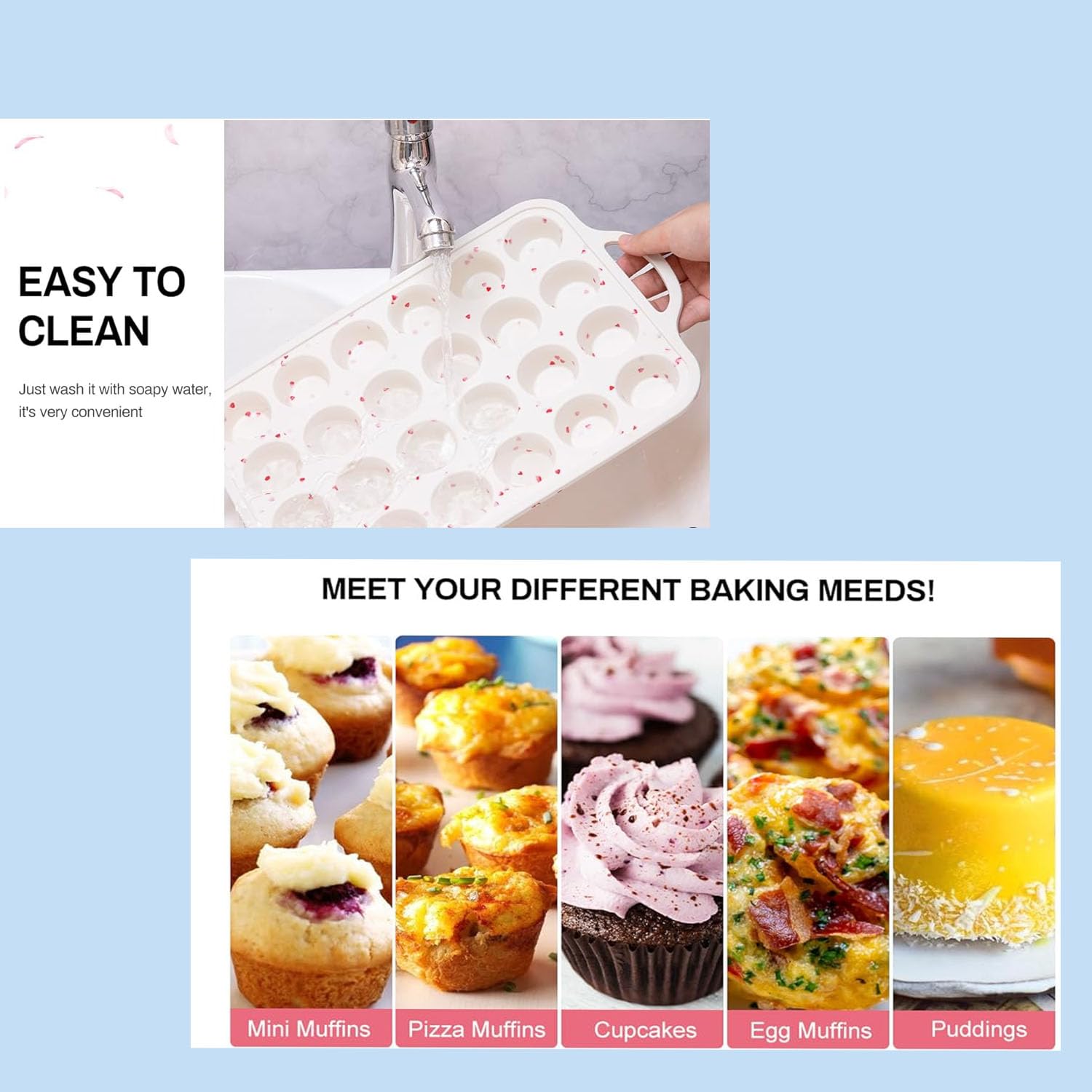 Mini-Muffinform für 24 Muffins, antihaftbeschichtet, aus Silikon, mit metallverstärktem Rahmen, BPA-frei, für Mini-Muffins, Cupcakes, Eierbisse, ofenfest