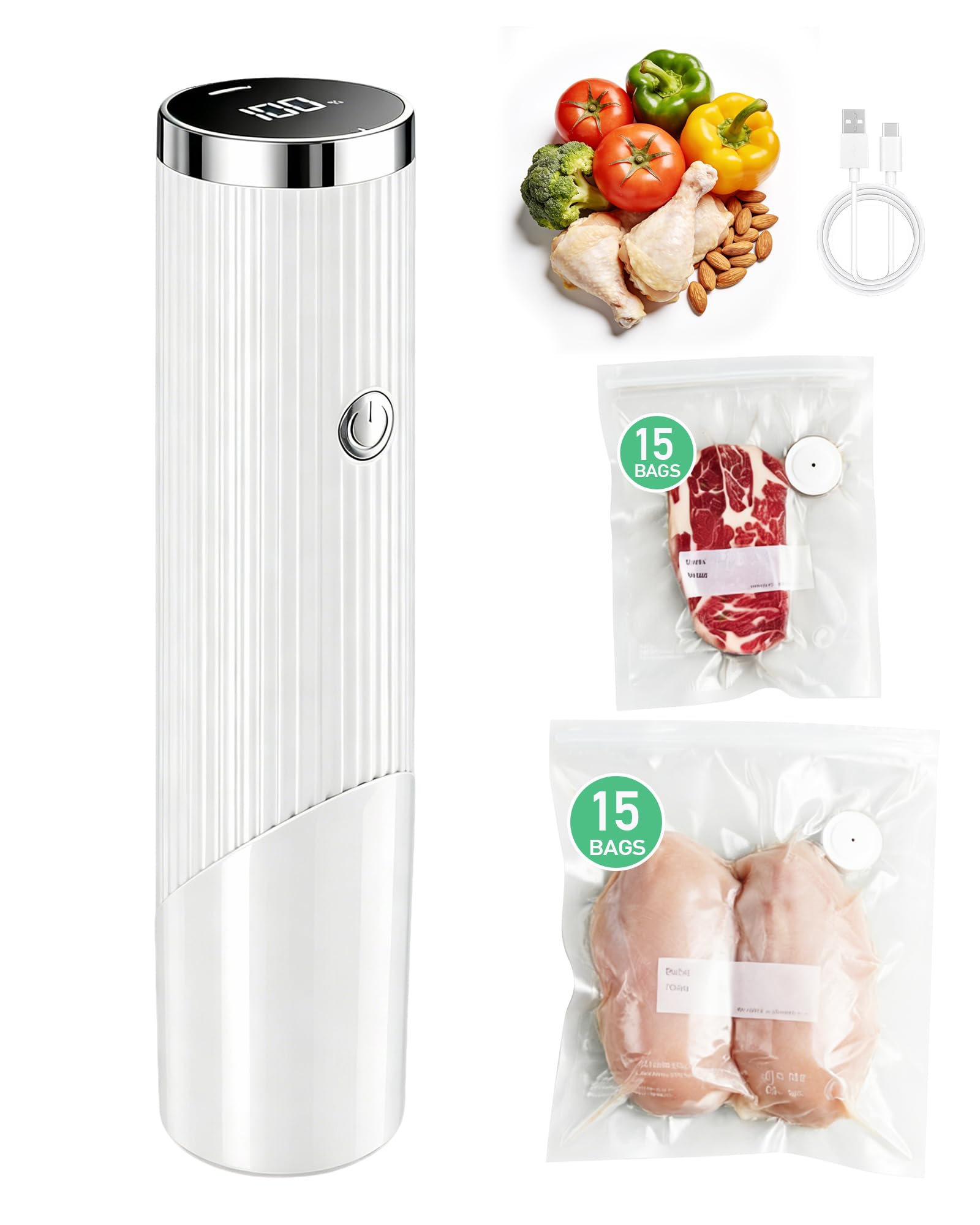 Sigillatrice sottovuoto compatta per alimenti (macchina sottovuoto + 30 sacchetti sottovuoto riutilizzabili) Potente sigillatrice sottovuoto portatile per alimenti con display a LED