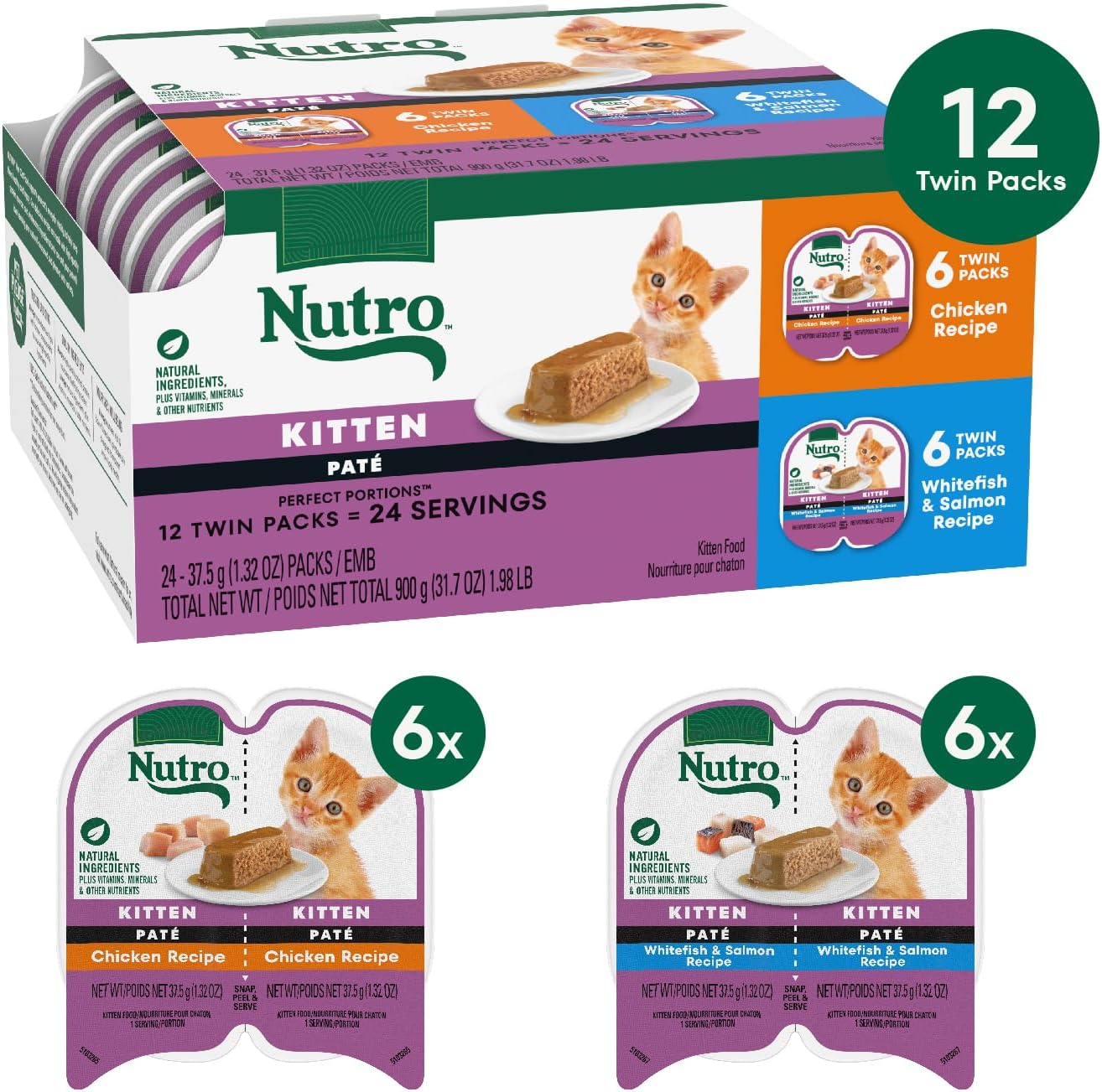 Nutro Perfect Portions Wet Kitten Food Pate Chicken Recipe and Whitefish and Salmon Recipe, Pate Wet Cat Food, 2.6 oz. Twin-Pack Trays, 12 Count, 24 Servings