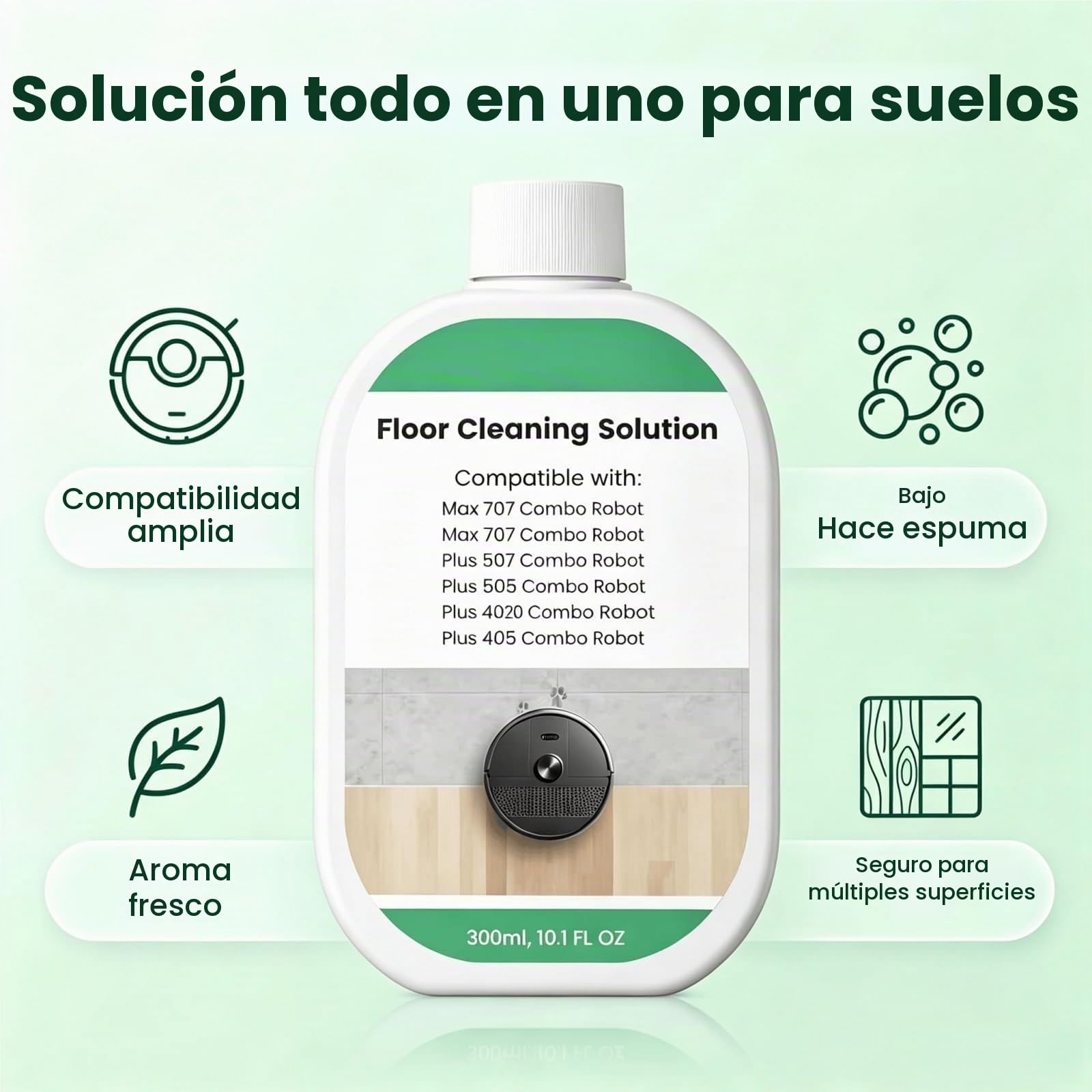 Líquido Limpiador Concentrado for Pisos, 300ml X 4, Fragancia Fresca, Baja Espuma Sin Residuos, Compatible con Roomba Max 707/705/Plus 405/505/507 Combo Robot
