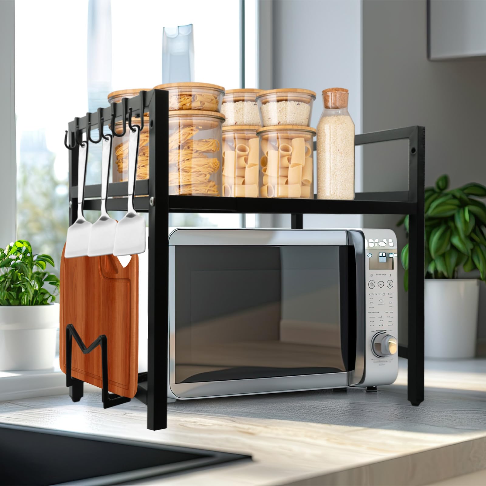 Mensola Microonde, Scaffale Cucina Estensibile 2 Livelli con 6 Ganci, Regolabile Microonde Scaffale, Cucina Salvaspazio Organizzatore Ripiani, Mobiletto Cucina Retrattile 40-64cm