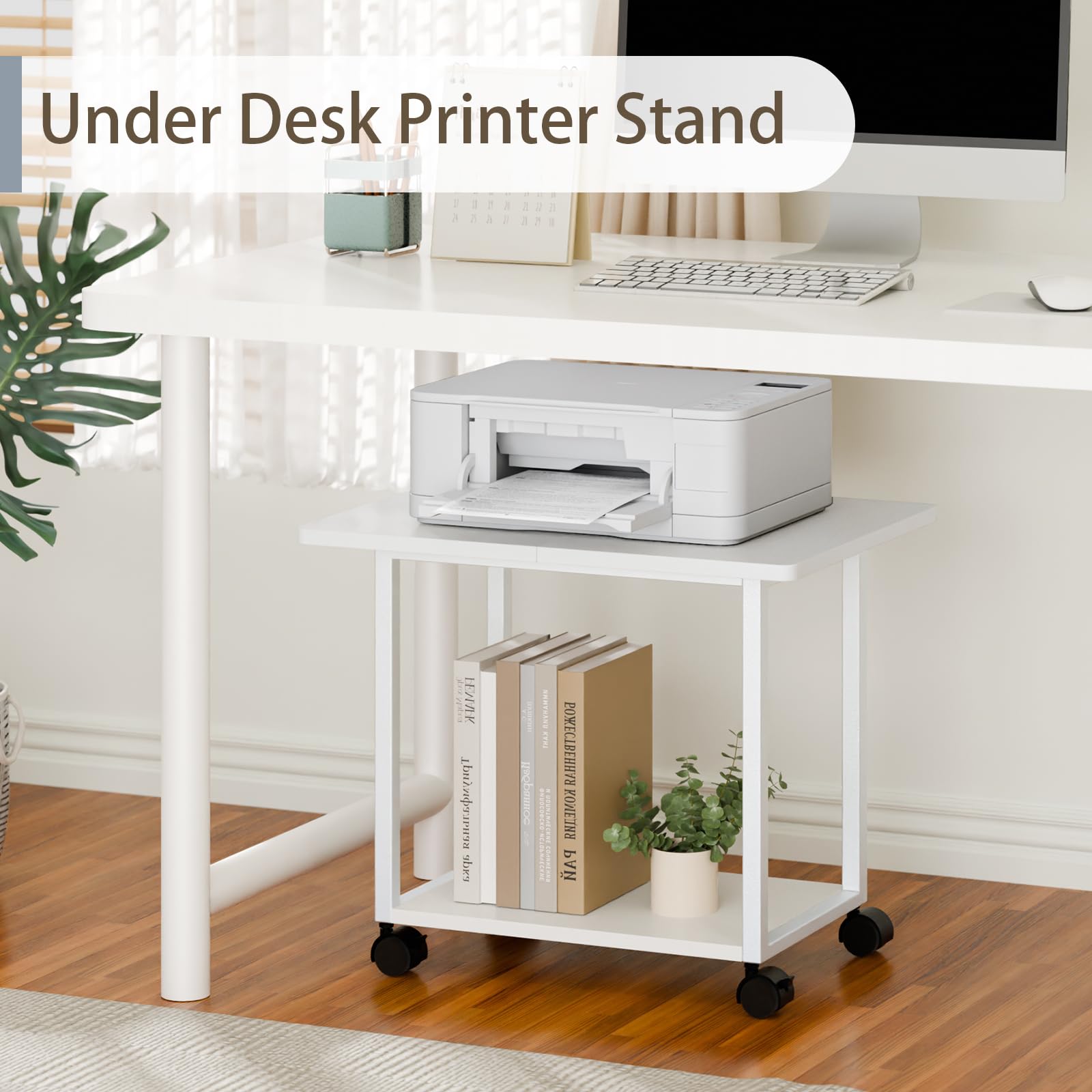 Home-Complete Printer Stand-2-Tier Under Desk Table With Wheels