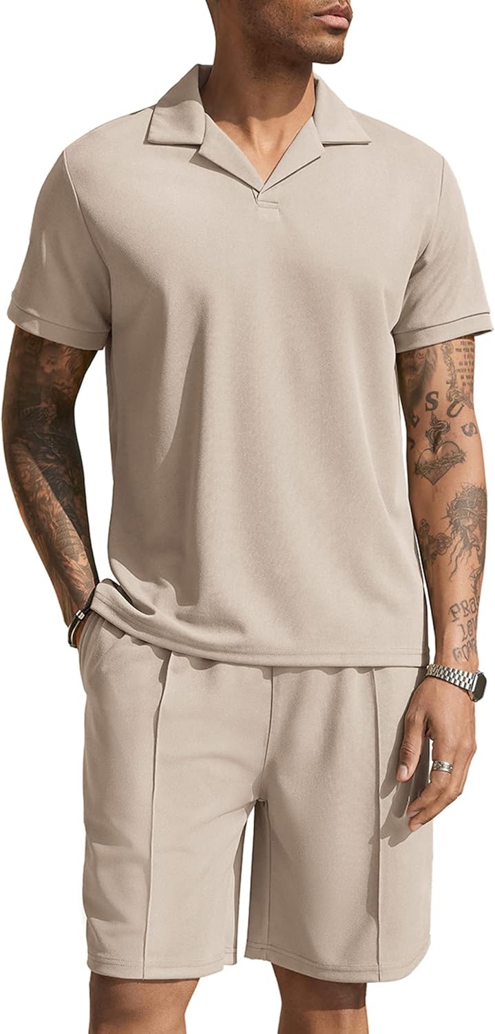 COOFANDY Conjunto de camisa polo y pantalones cortos para hombre, trajes de verano de 2 piezas, pantalones cortos, trajes de moda casuales de manga