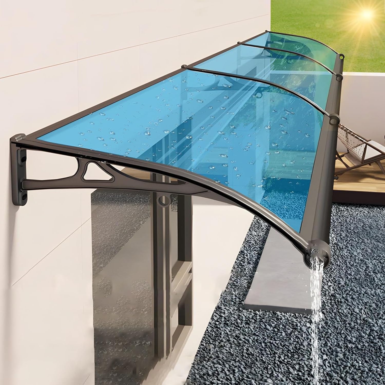 Toldo de puerta azul con protección UV y granizo para un porche seguro