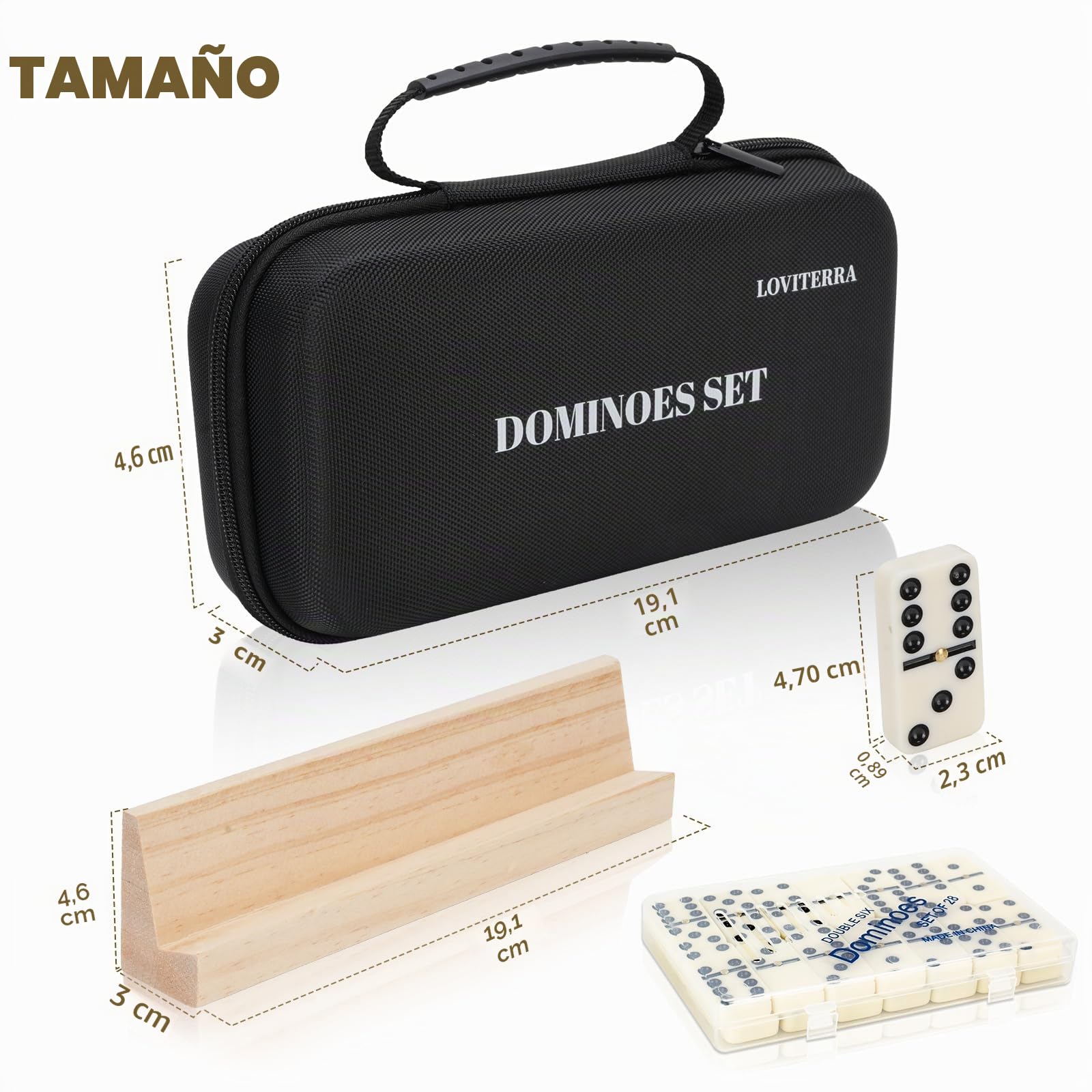 Juego de Dominó Doble 6 para Adultos, Dominós Duraderos de 28 Piezas con 4 Estanterías de Madera y Estuche de Transporte, Juegos de Mesa Clásicos, Juego de Viaje Portátil
