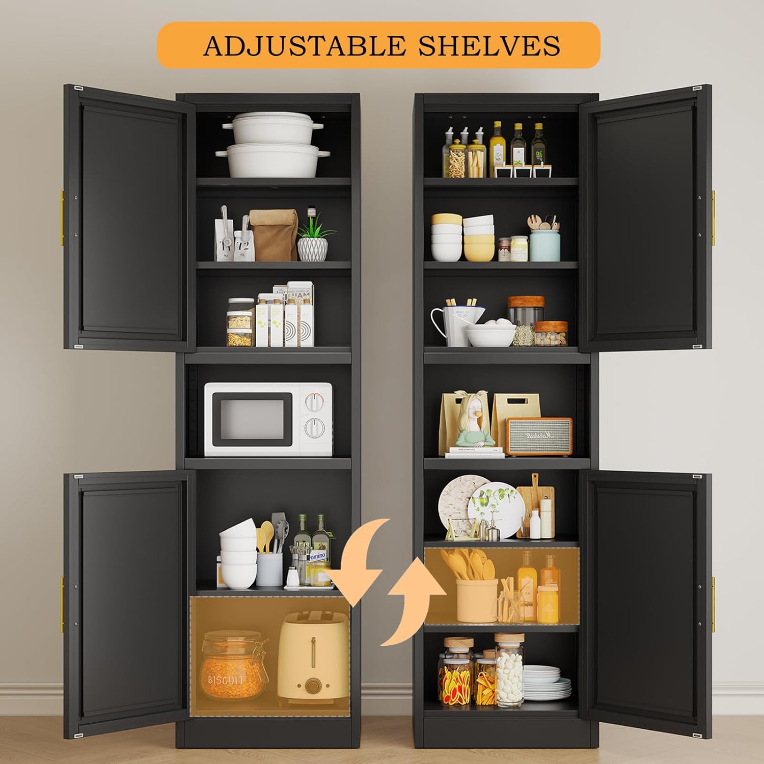 Tall Narrow Storage Cabinet, Metal Bathroom Cabinets, Pantry Cabinet with Adjustable Shelves, 67" Tall Freestanding Storage Cabinets for Bathroom, Kitchen, Home Office (2Doors-15.7" W, Black)