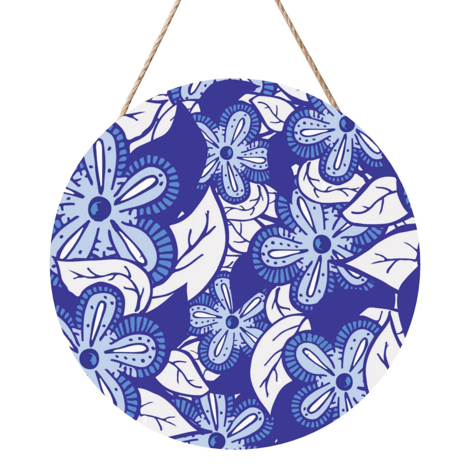 InOmak Blue Flower, Round Wood Panel Painting 12 in, Wall Hanging Painting For Home