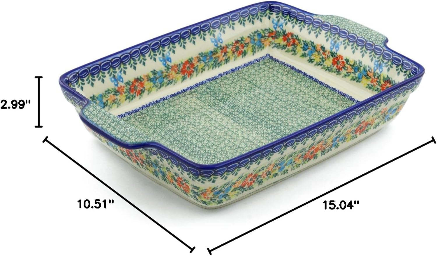 Polmedia Polish Pottery Rectangular Baker with Handles UNIKAT - Ring Of Flowers Pattern Handmade in Boleslawiec Poland by Ceramika Bona + Certificate of Authenticity