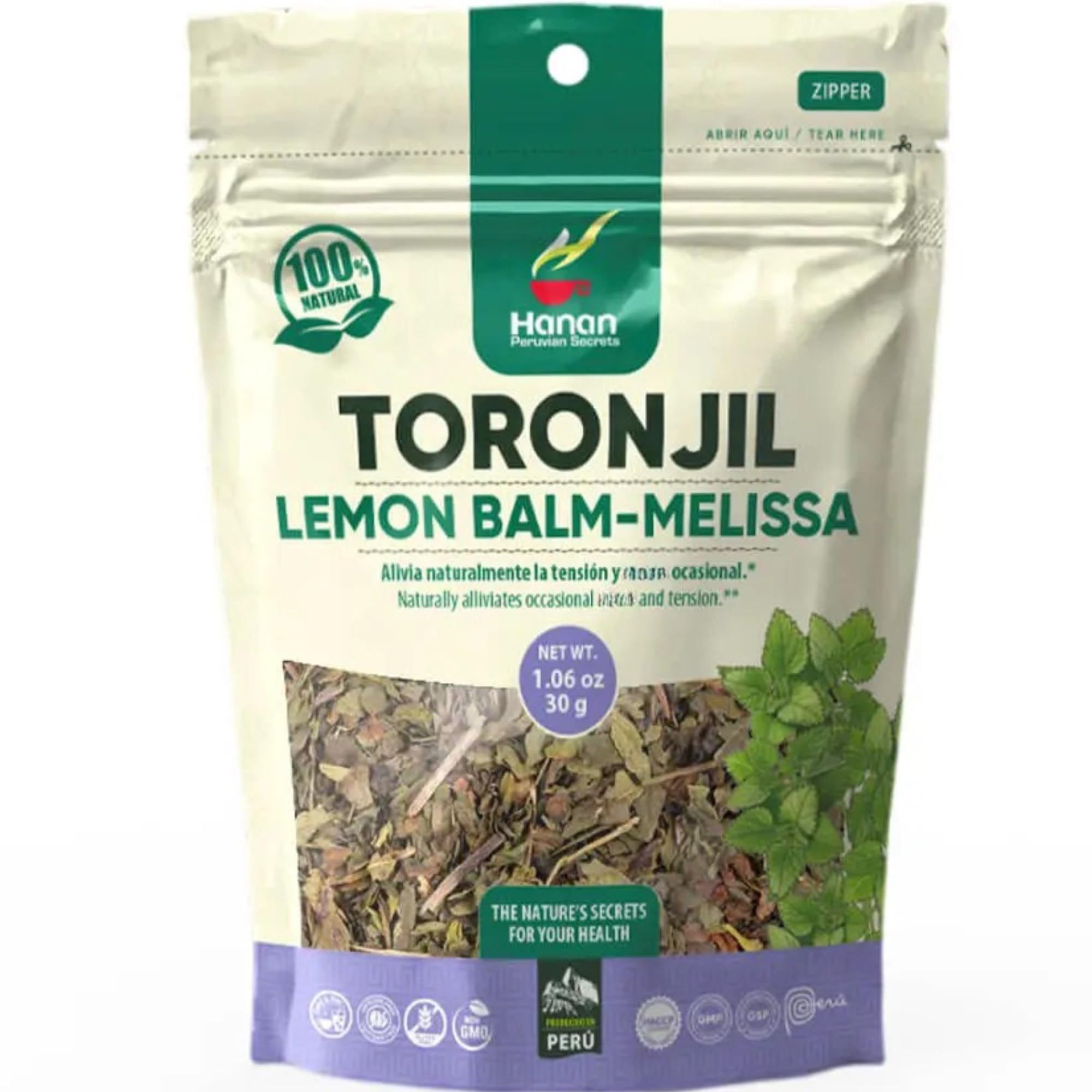 Hanan Lemon Balm Tea Loose Leaf Toronjil Herb 1.1oz 30g - Natural Dried Lemon Balm Leaves from Peru - Promotes Relaxation & Support Digestion/Te de Melissa Officinalis