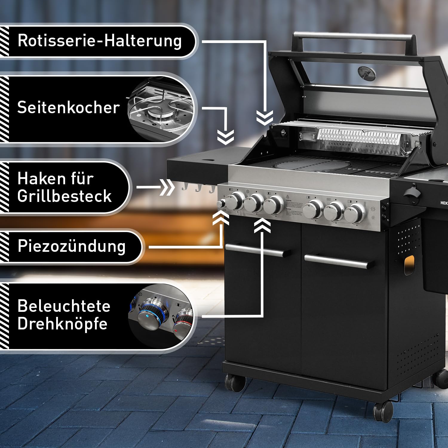 Gasgrill Hektor 4B-S inkl. Drehspieß und Abdeckhaube mit 4 Brennern, Sear-Brenner, Gusseisen-Grillrost, Heckbrenner, Seitenkocher, Sichtfenster und Thermometer für Garten und Terrasse