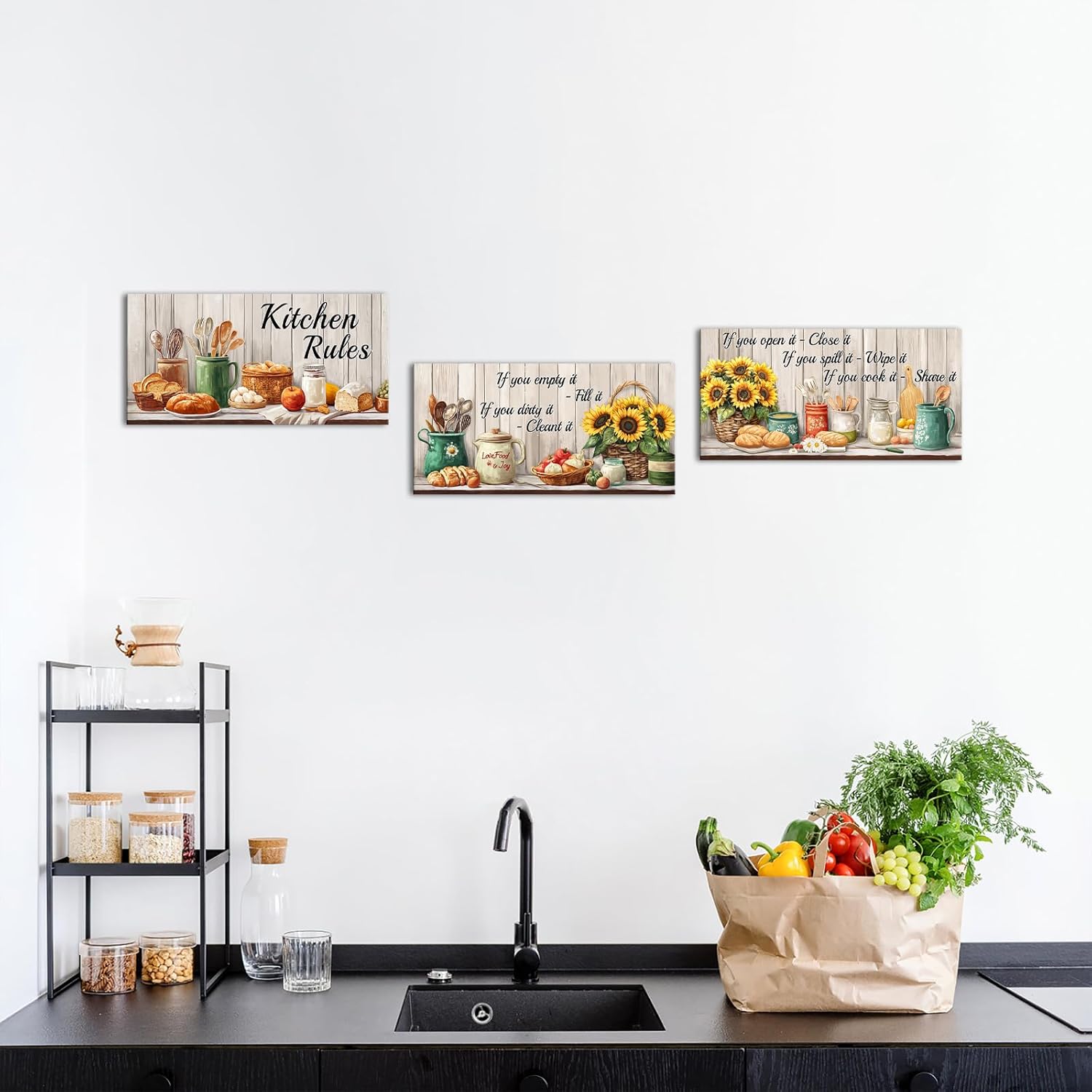 Visual Art Decor Kitchen Wall Art Sunflower Signs Farmhouse Kitchen Decor Picture Rustic Dining Room Decor Framed 6x12inchx3Pieces (Beige)