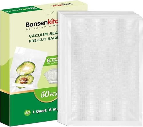 Bonsenkitchen Bolsas selladoras al vacío, 50 bolsas de sellado de alimentos precortadas de 8 x 12 pulgadas, grado comercial, sin BPA, resistentes,