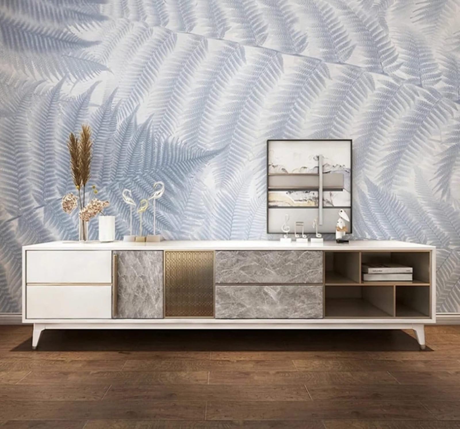 Minimalist Hand Drawn Blue Plants Leaves 3D Wallpaper Easy Install Feature Office Living Room Sofa Bedroom TV Background Wall Decoration-300cm×210cm