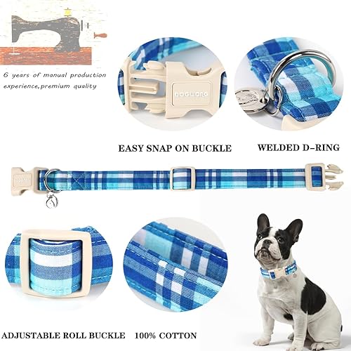 Miniatura 2 de DOGWONG Collar de Algodón para Perro, Collar de Perro de Cuadros Azules Resistente, Collar Suave y Duradero para Perro Macho, Lindo Collar de Boda y