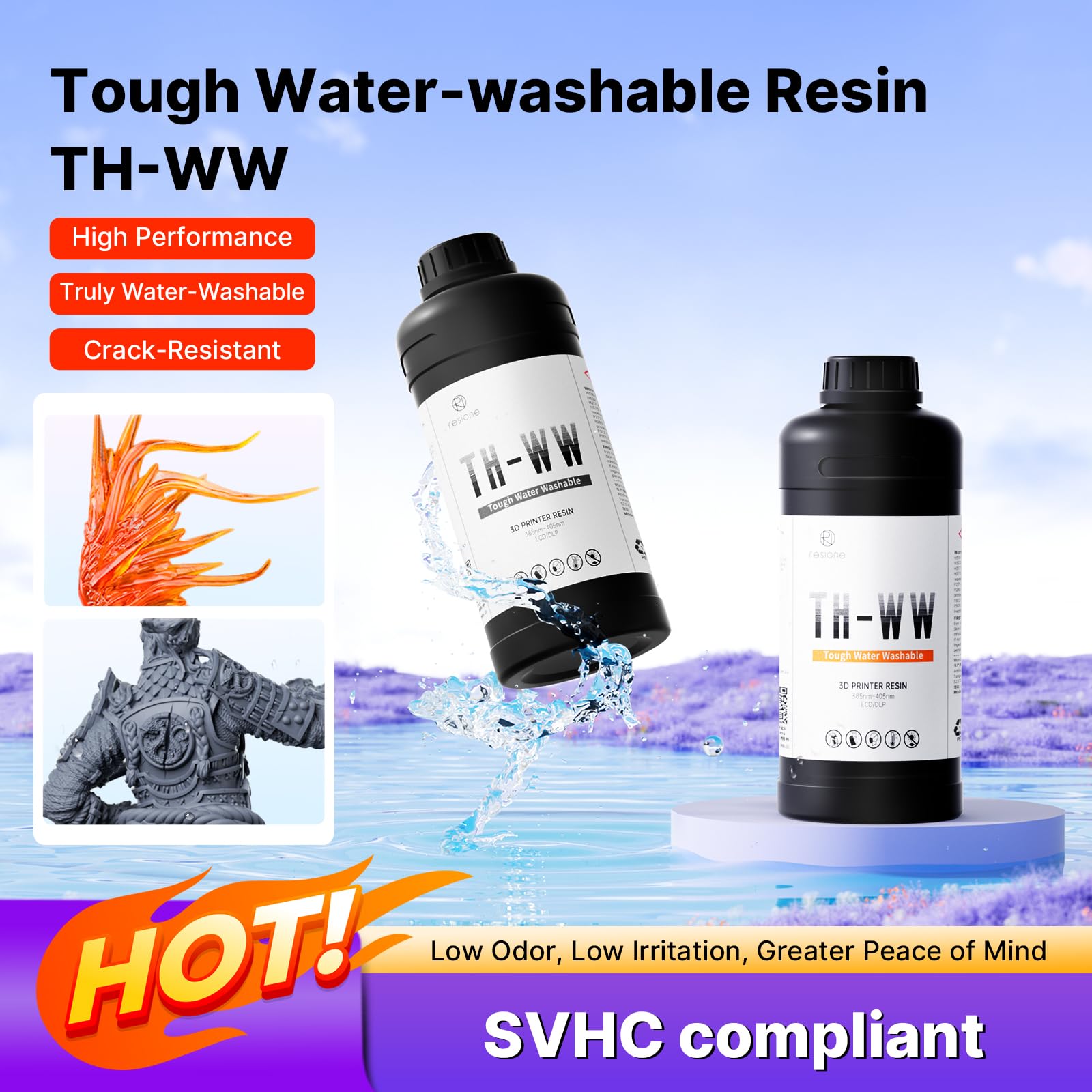RESIONE 3D Resin Water Washable: TH-WW Transparent Tough Resin 3D mit Dauerhaft rissbeständig für Miniaturen/Animations-Spezialeffektteile - Flammenorange 1000g