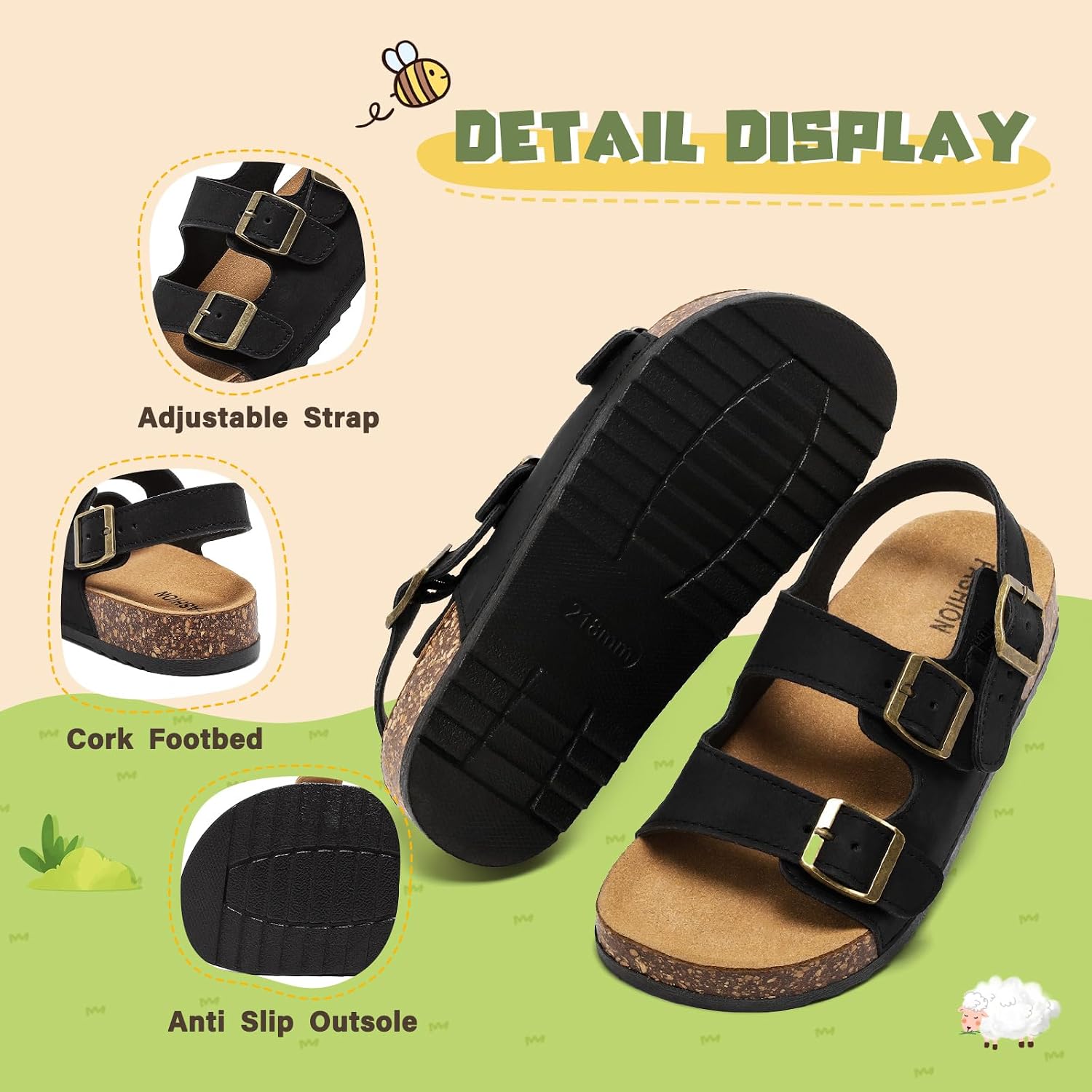 Toddler Kids Sandals for Boys Girls Cork Footbed Sandals with Back Strap