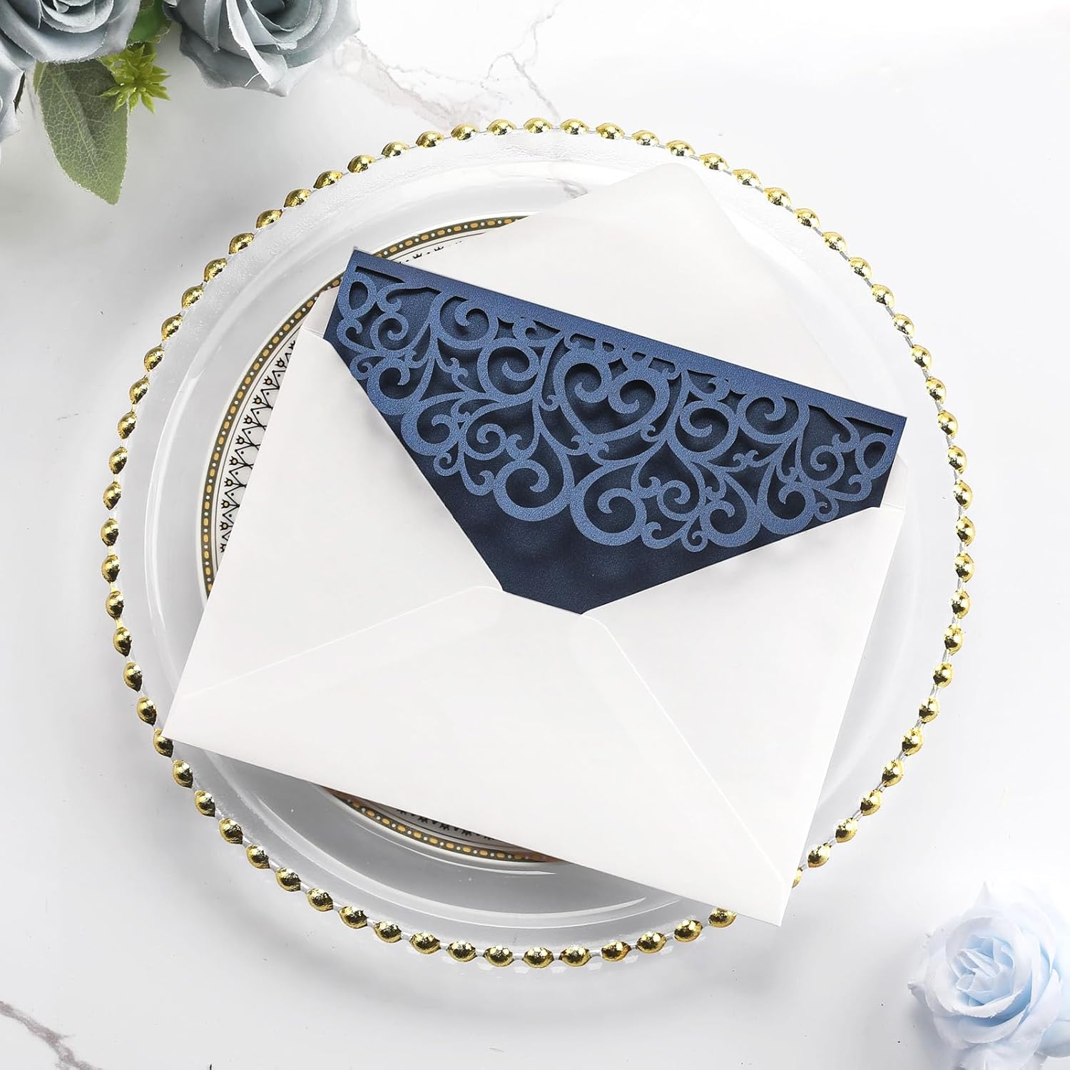 Dark Blue Invitations Envelopes 5x7 Custom Wedding Invitation Cards and Rsvp Cards Birthday Invitations Laser Cut Pocket Hollow Heart Shape for Party Invitations Engagement Sweet 16 Quinceanera 50PCS