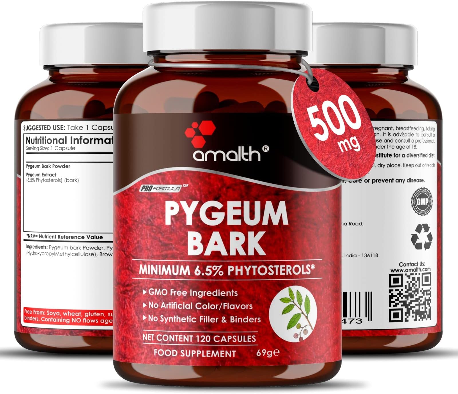 Amalth Pygeum Bark Extract Powder 500 mg Higher Potency (6.5% phytosterols) Healthy Prostate Supports Urinary Tract Health Men Herbal Supplements 120 Capsules (Non –GMO)