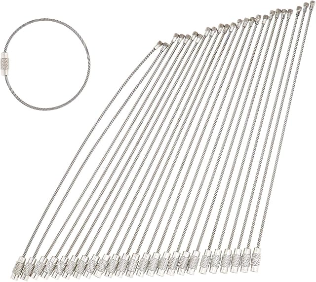 OTOTEC 24PCS Silve Wire Key Holders Aircraft Luggage Ring Wire Key Chain Cable Screw Locking Silver Stainless Steel 160mm Length