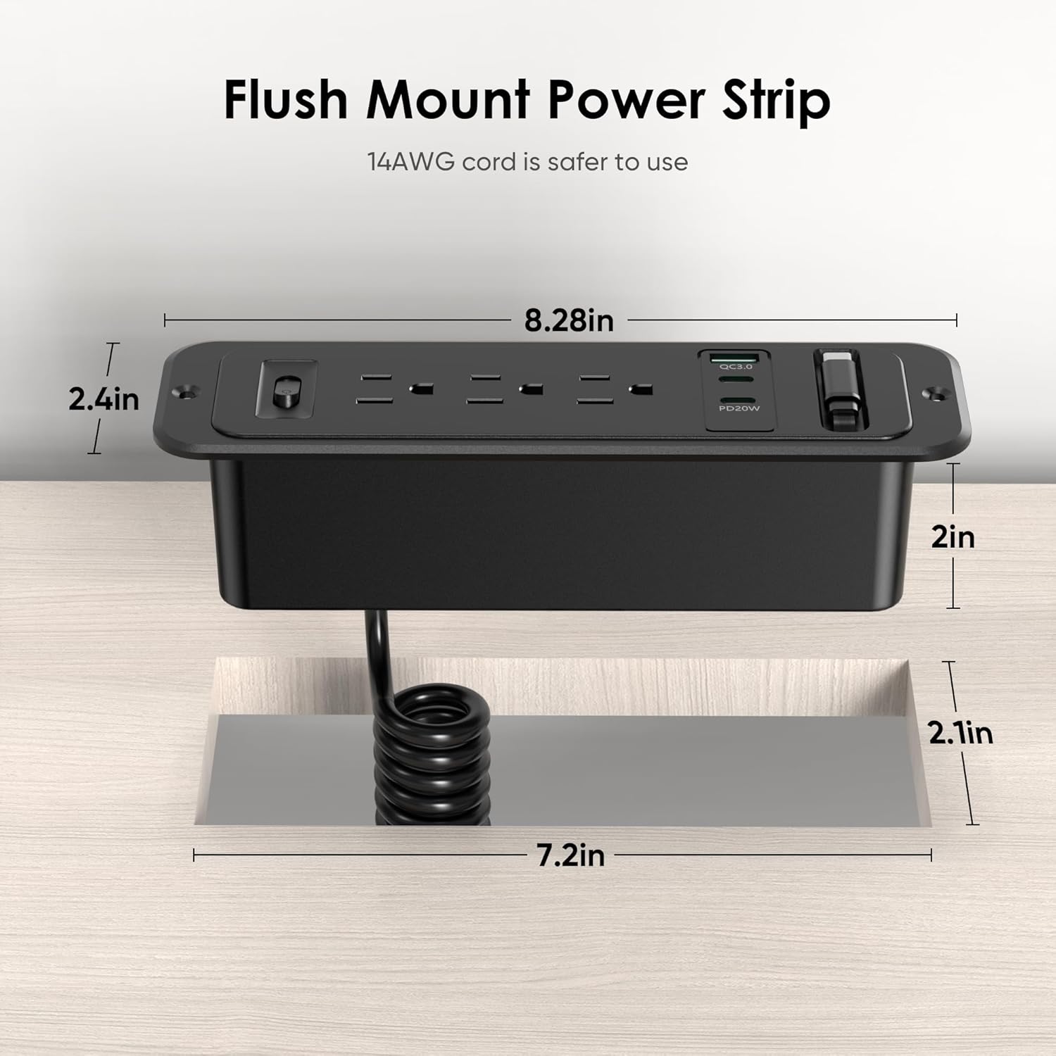 HEZI Drawer Outlet with 20W Retractable USB C Cable, Furniture Recessed Power Strip Plug in 3 Outlets & 4 USB Ports, Hidden Charging Station for Home Office 6 FT Black Cord