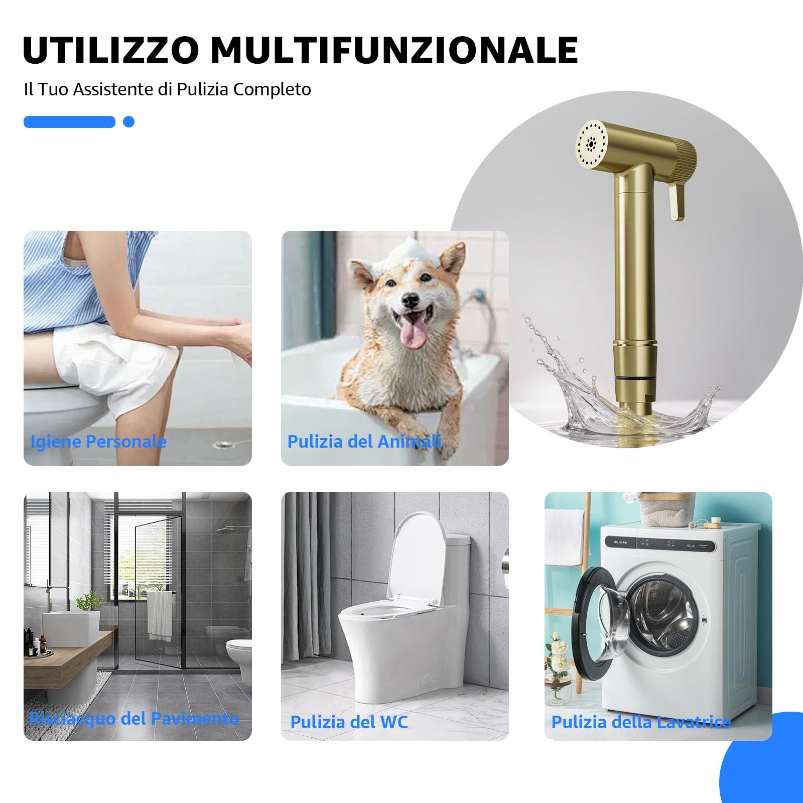 Kit Doccetta per Bidet, 2 modalità Spruzzatore per WC con 1.2m Tubo Flessibile Acciaio Inox e Supporto, Kit Doccetta a Mano Ottone per Bidet, Igiene Personale e Animale, G1/2, Oro