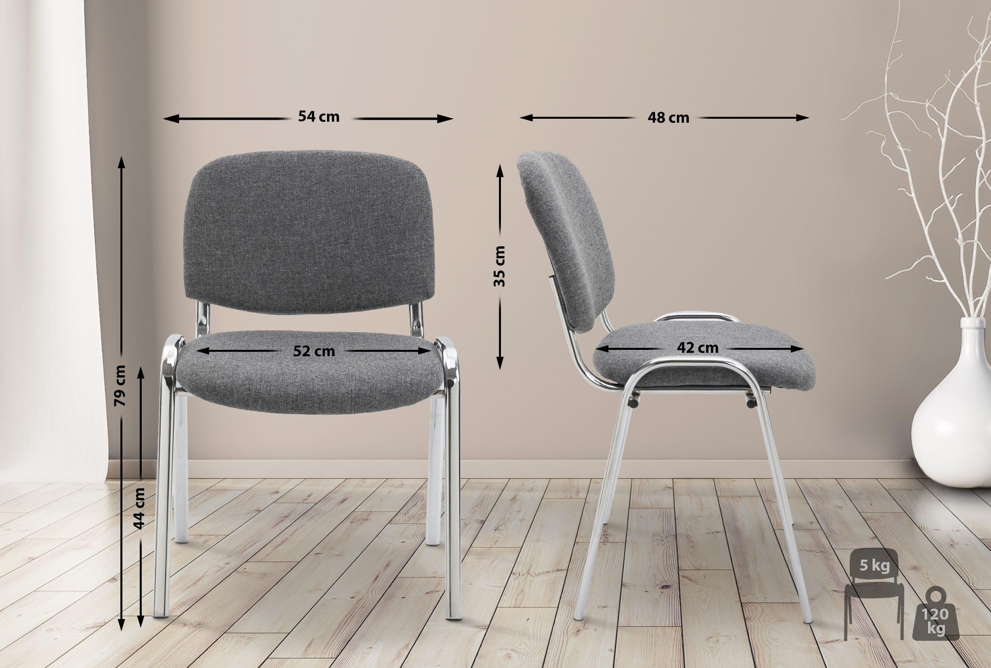 CLP Chaise de conférence Ken chromée avec rembourrage de qualité supérieure et housse en tissu I Chaise empilable avec structure en métal robuste à l'aspect chromé - Couleur : gris
