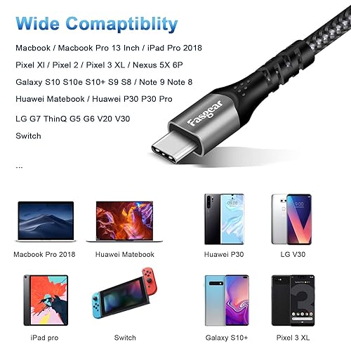 Miniatura 6 de Fasgear Cable USB C a USB C de 3 pies, cable USB 3.1 Gen 2 de 10 Gbps, cargador rápido 5A con video 4K y entrega de energía de 100 W (PD) compatible