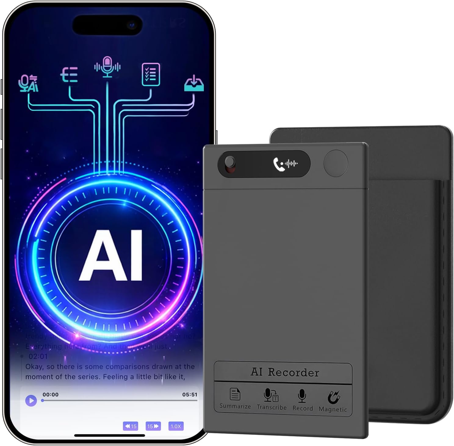 AI Smart Voice Recorder, 64GB 1000+ Hours Audio Recorder with Fast AI Transcription, Summaries, Mind Map, Q&A, Data Safe, Ultra-Thin, Magnetic Case, for Meetings, Calls, Lectures, Matte Grey