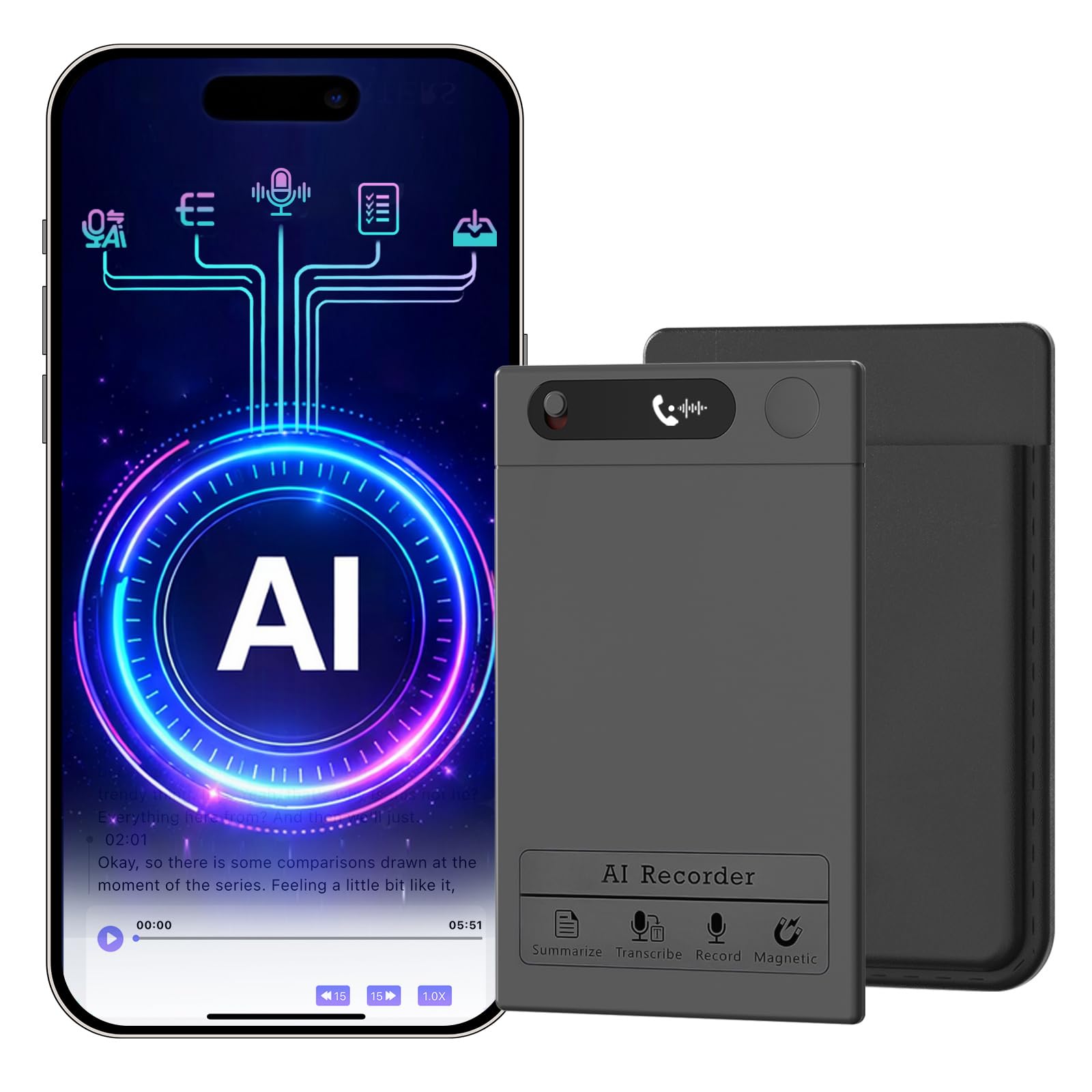 AI Smart Voice Recorder, 64GB 1000+ Hours Audio Recorder with Fast AI Transcription, Summaries, Mind Map, Q&A, Data Safe, Ultra-Thin, Magnetic Case,